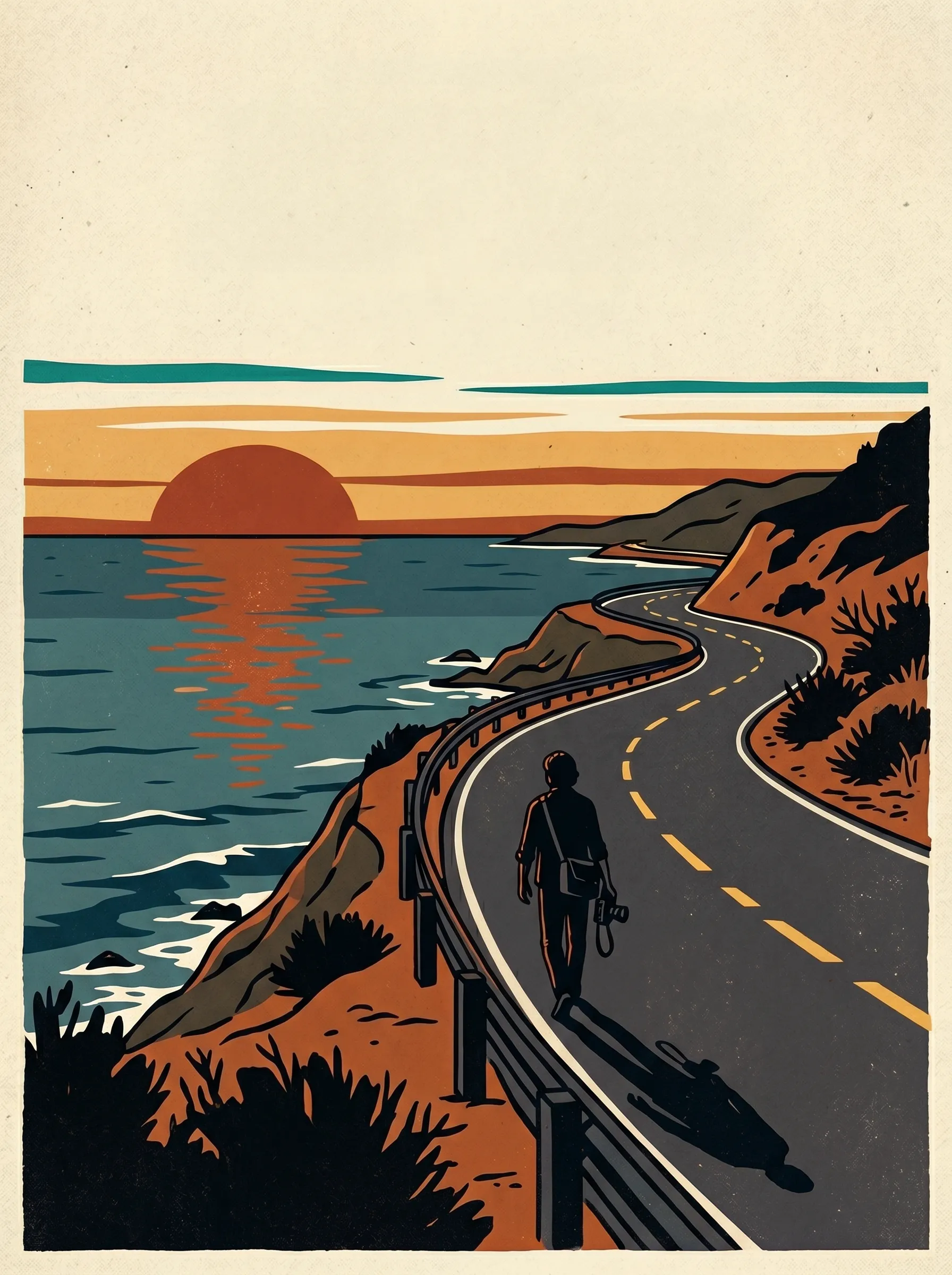 A lone figure walking west along Pacific Coast Highway at sunset