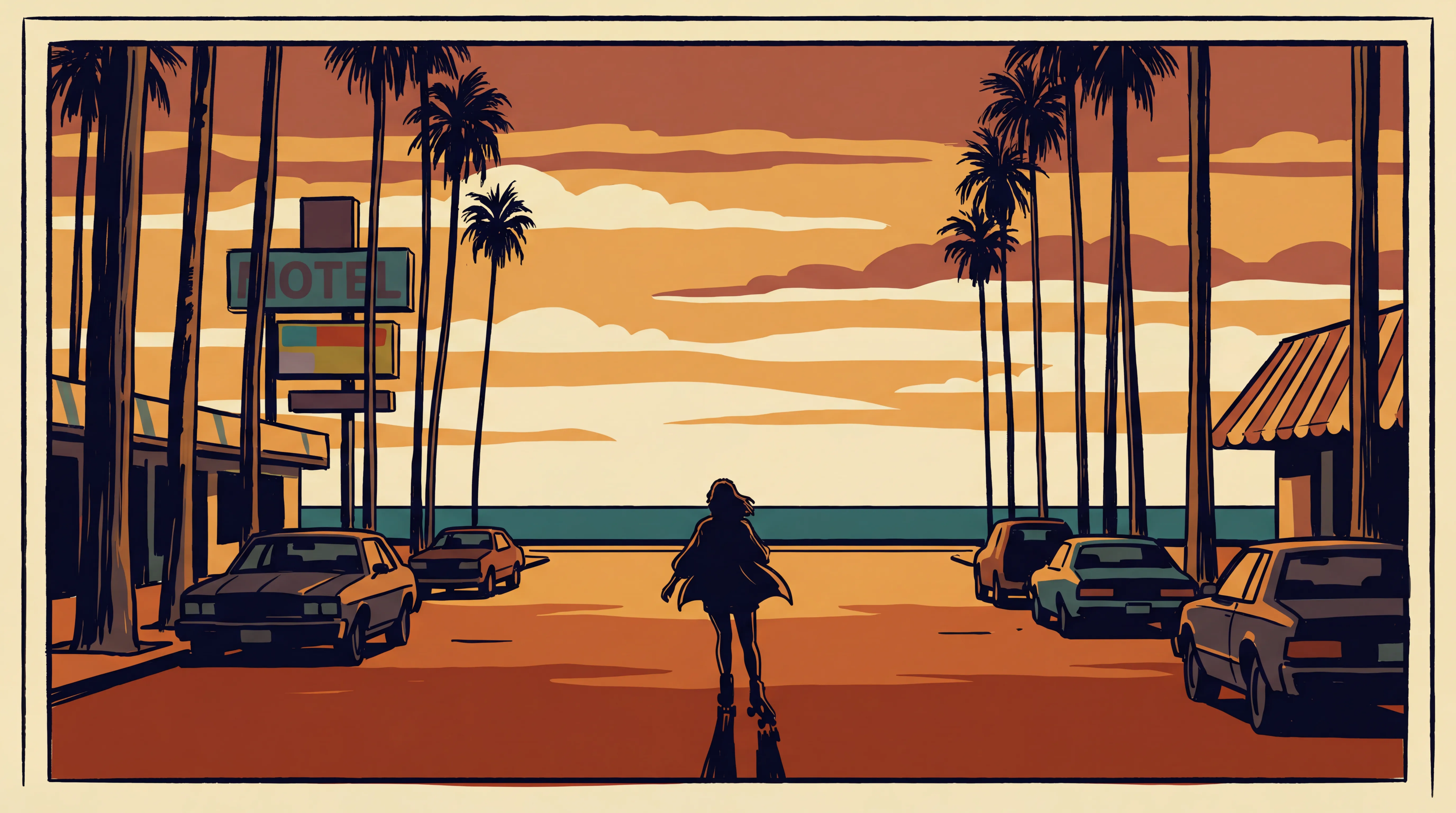 Santa Monica boulevard at golden hour — palm trees, hot asphalt, the ocean shimmering at the horizon
