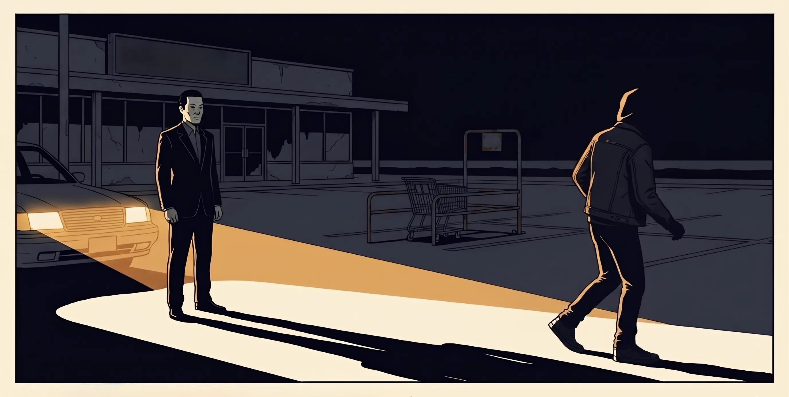 Two figures in a parking lot at night — one turning away, headlights casting long shadows