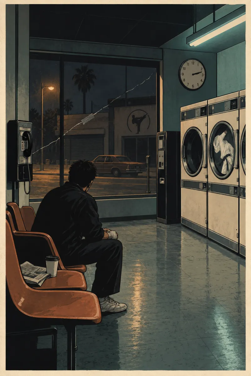 A figure sitting alone in a laundromat at night, taped hands on their knees, watching a karate gi tumble in a dryer