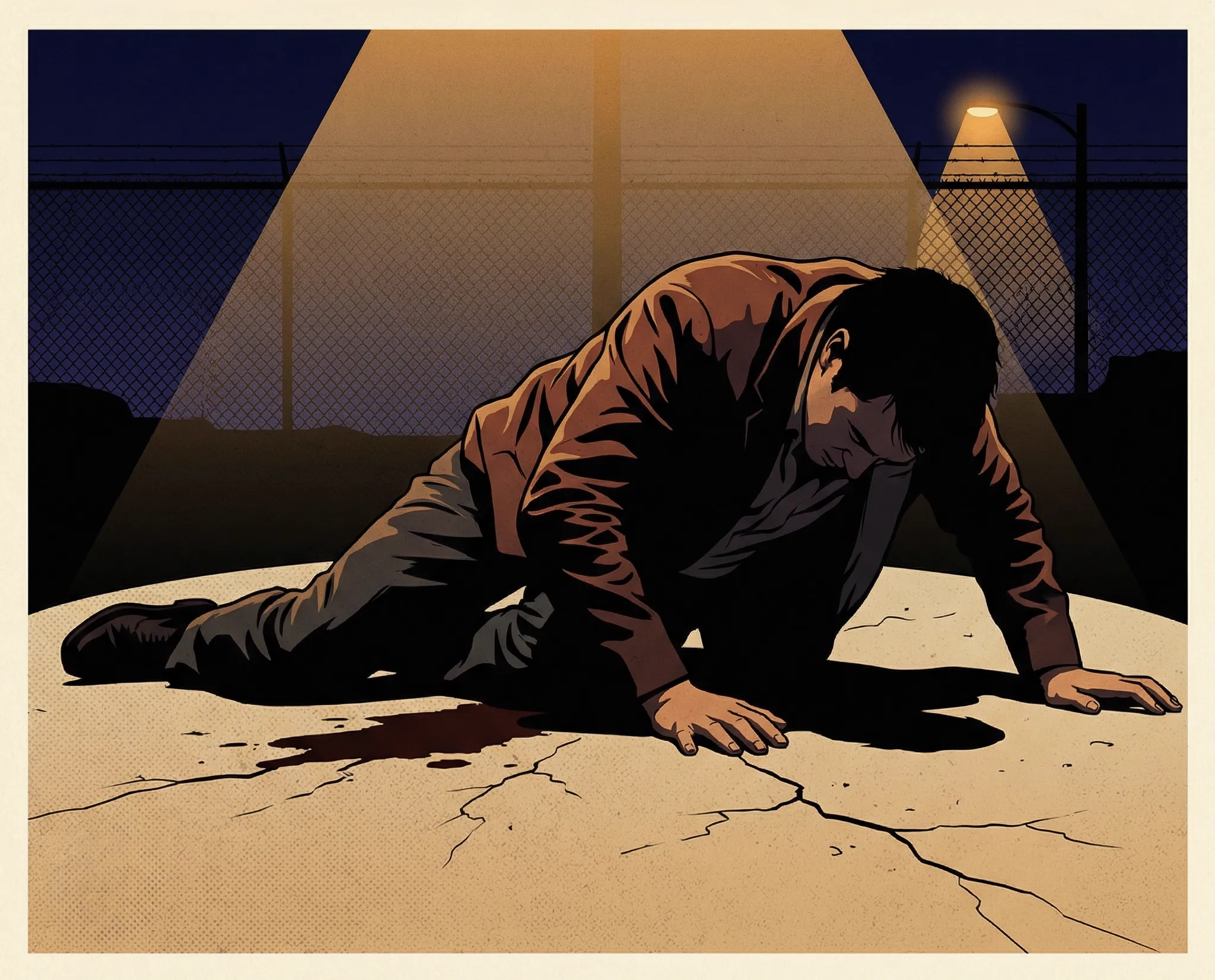 A figure pushing themselves up from concrete under a single overhead light