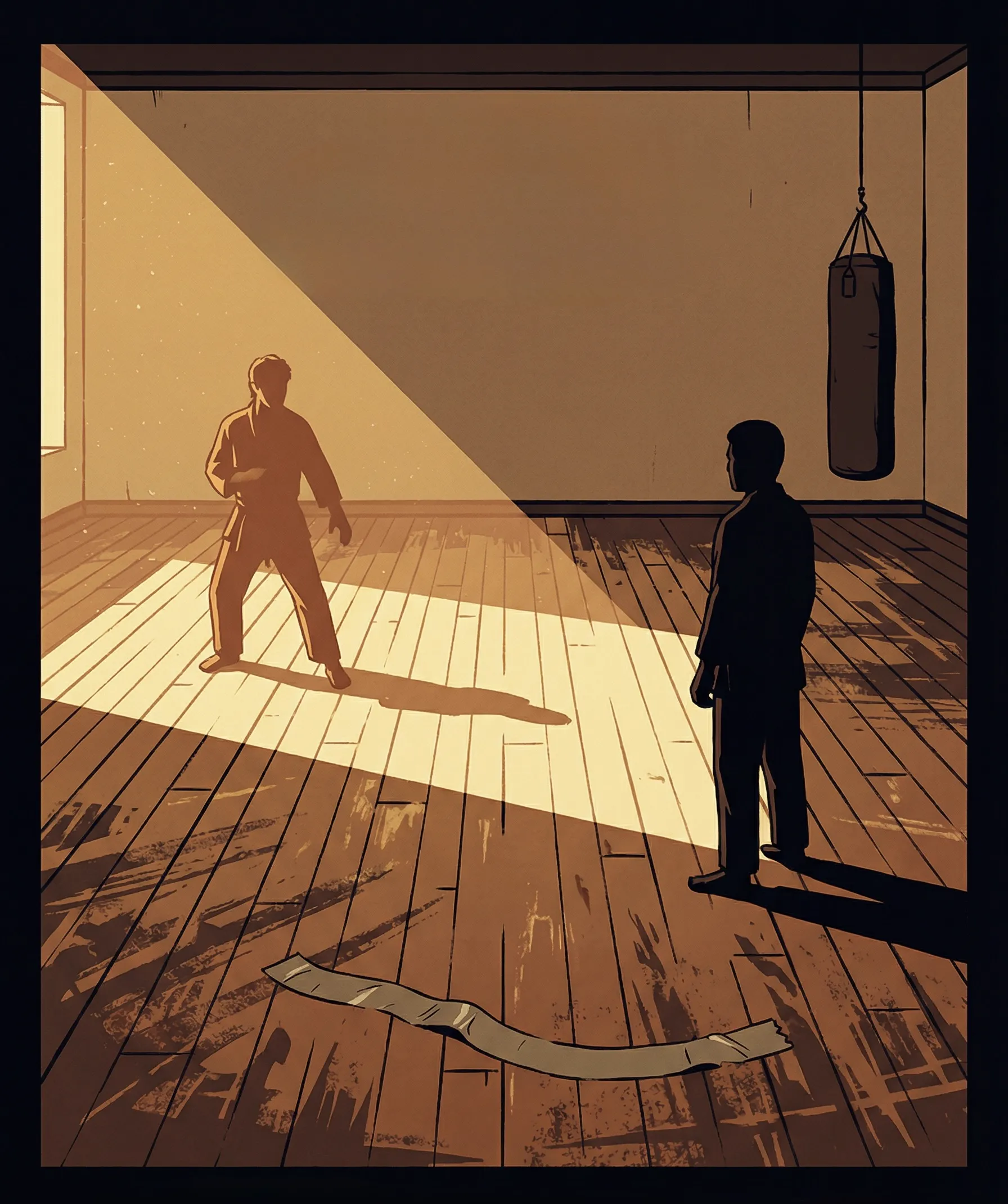 Two figures facing each other on a worn dojo floor — the silence before violence