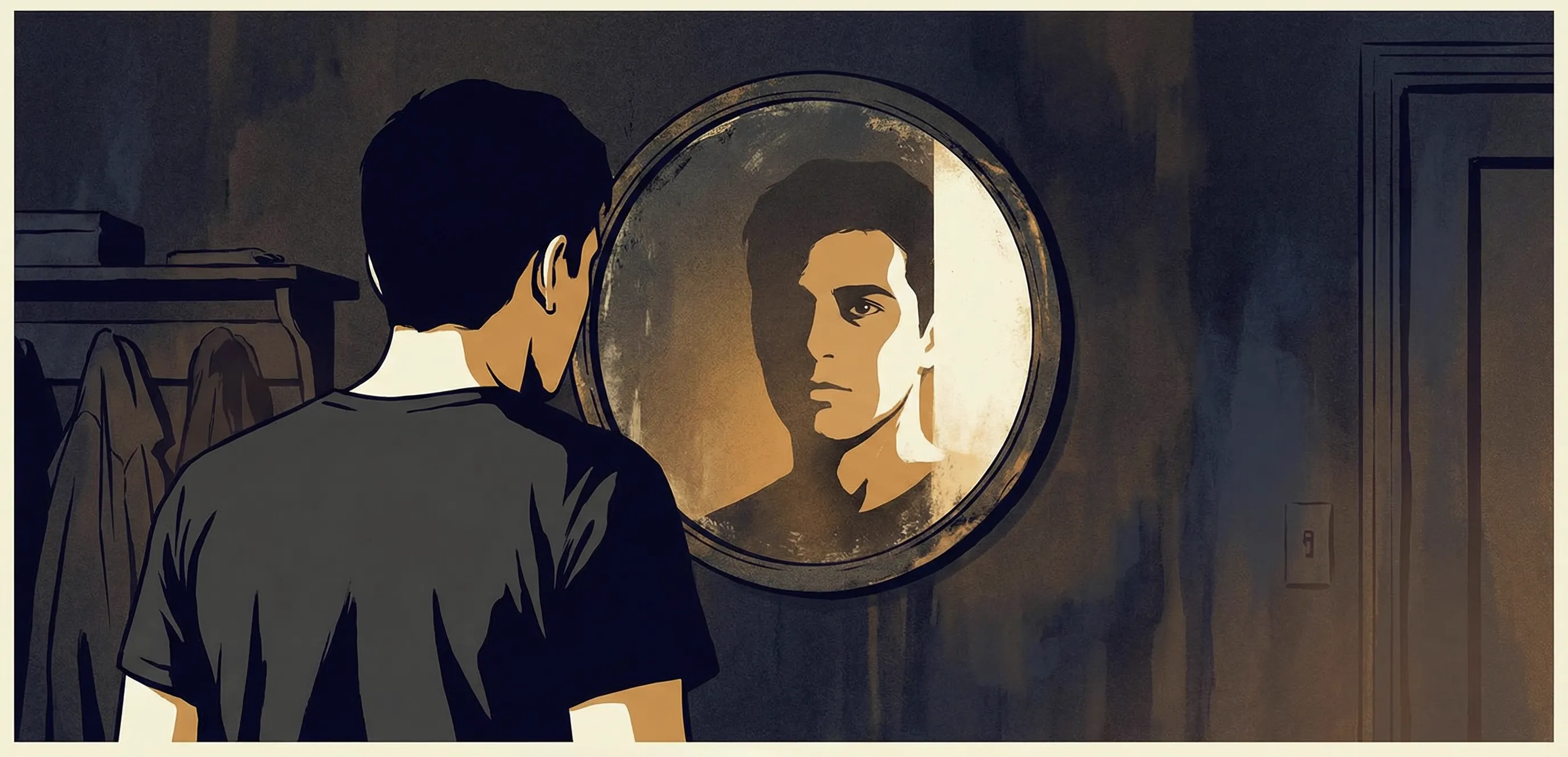 A figure standing before a wall-mounted mirror in a dim room — the question of identity