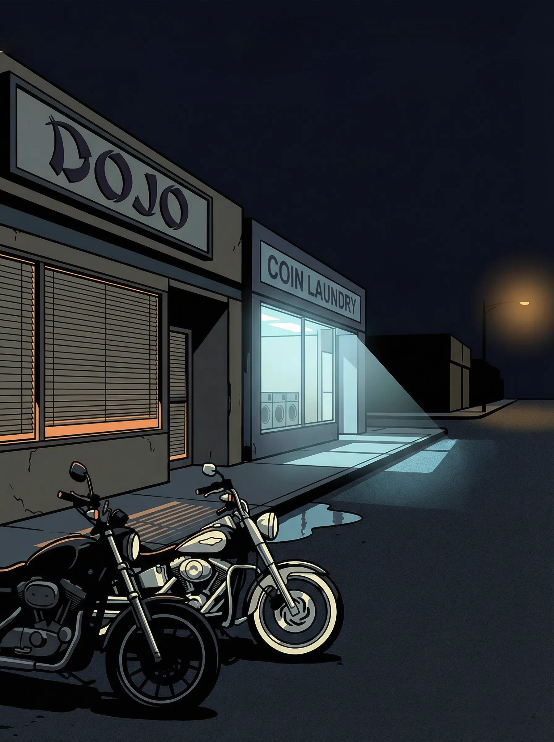 Two motorcycles parked outside a closed dojo at night, laundromat light spilling onto the sidewalk