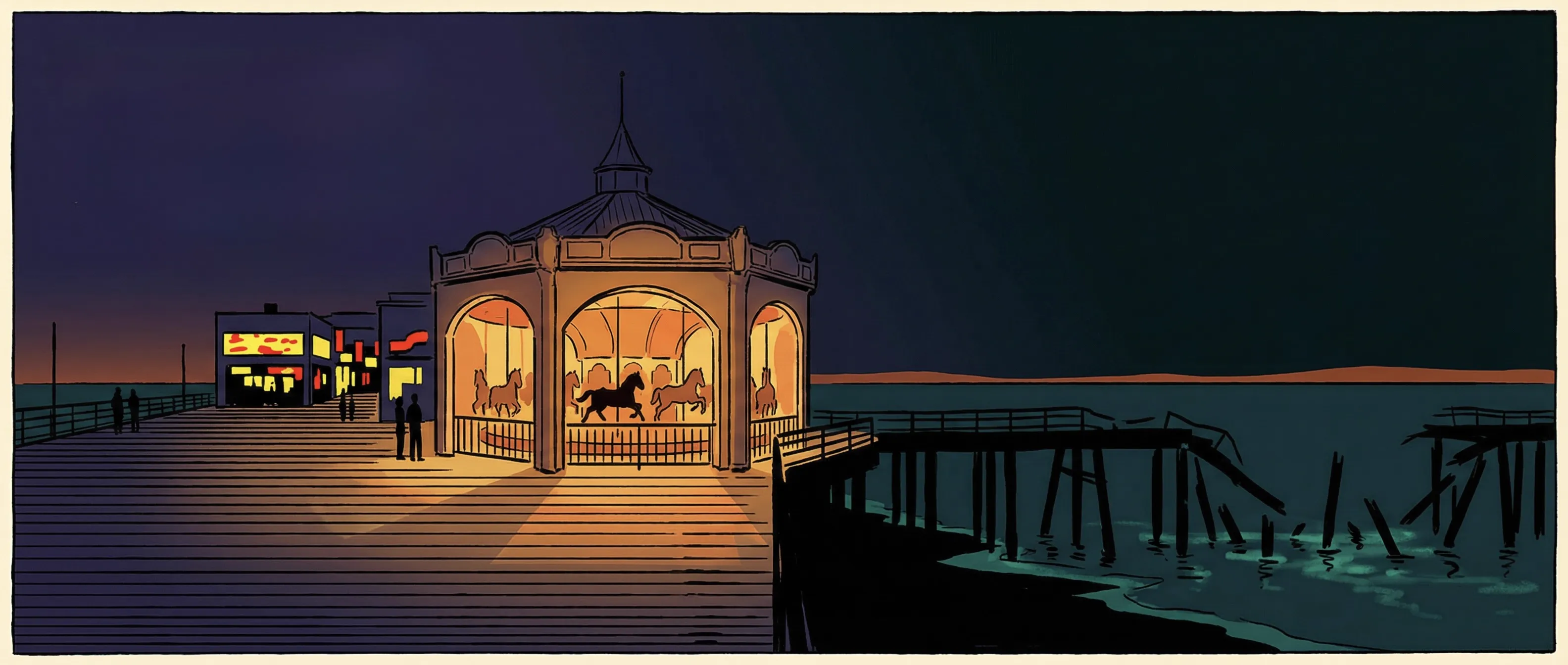 The Santa Monica Pier at night — carousel glowing, the severed western end disappearing into darkness over water