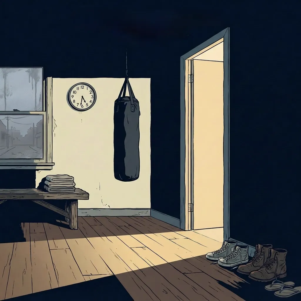 Interior of a small storefront dojo at dawn — empty, shoes lined up at the door