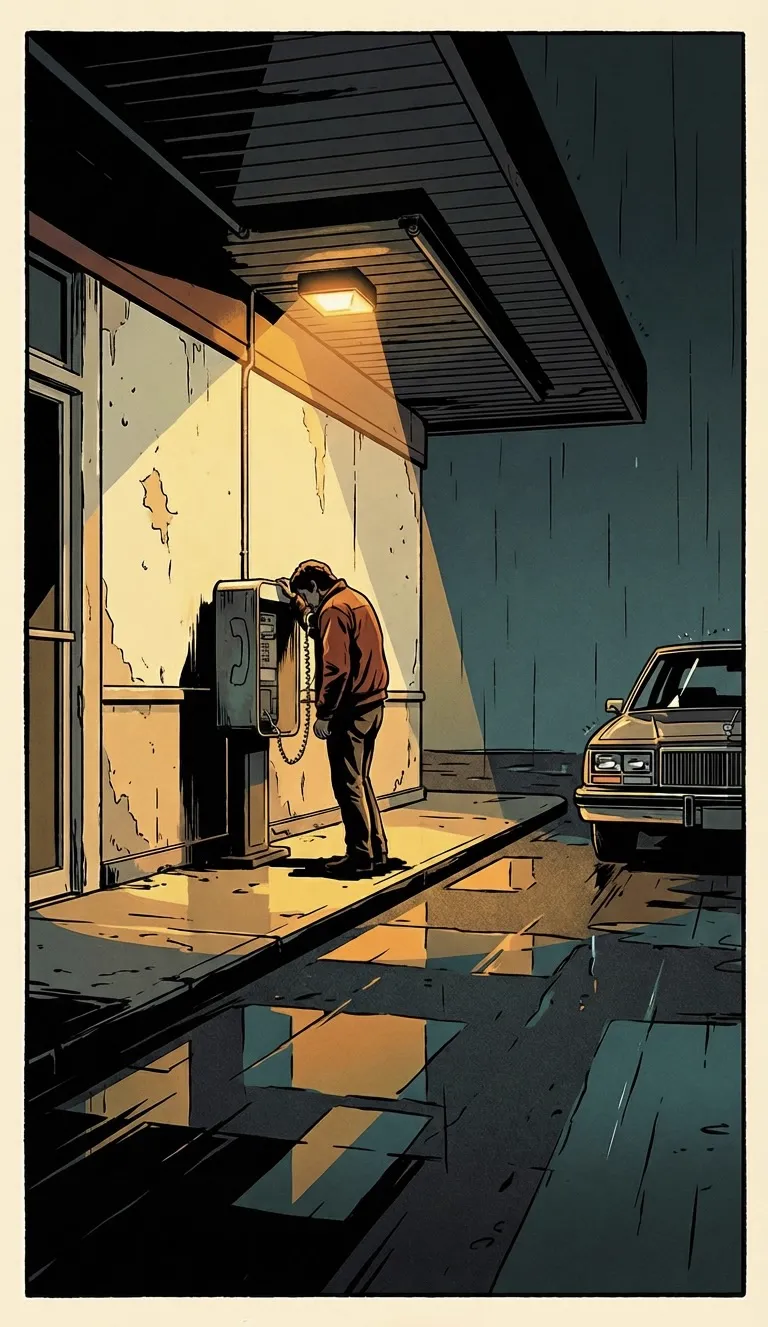 A figure leaning into a payphone at night outside a closed gas station